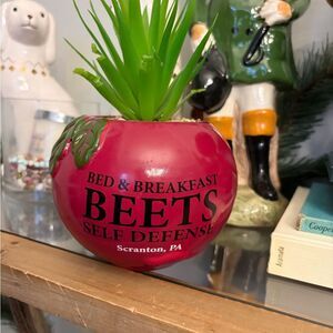 The Office Bed & Breakfast Beets Self Defense Planter w artificial succulent.